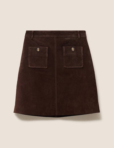 Jupe trap&egrave;ze courte en similicuir marron fonc&eacute; femme
