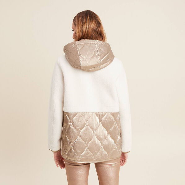 Manteau laine mouton à capuche ecru femme