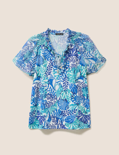 T-shirt col tunisien manches courtes bleu femme