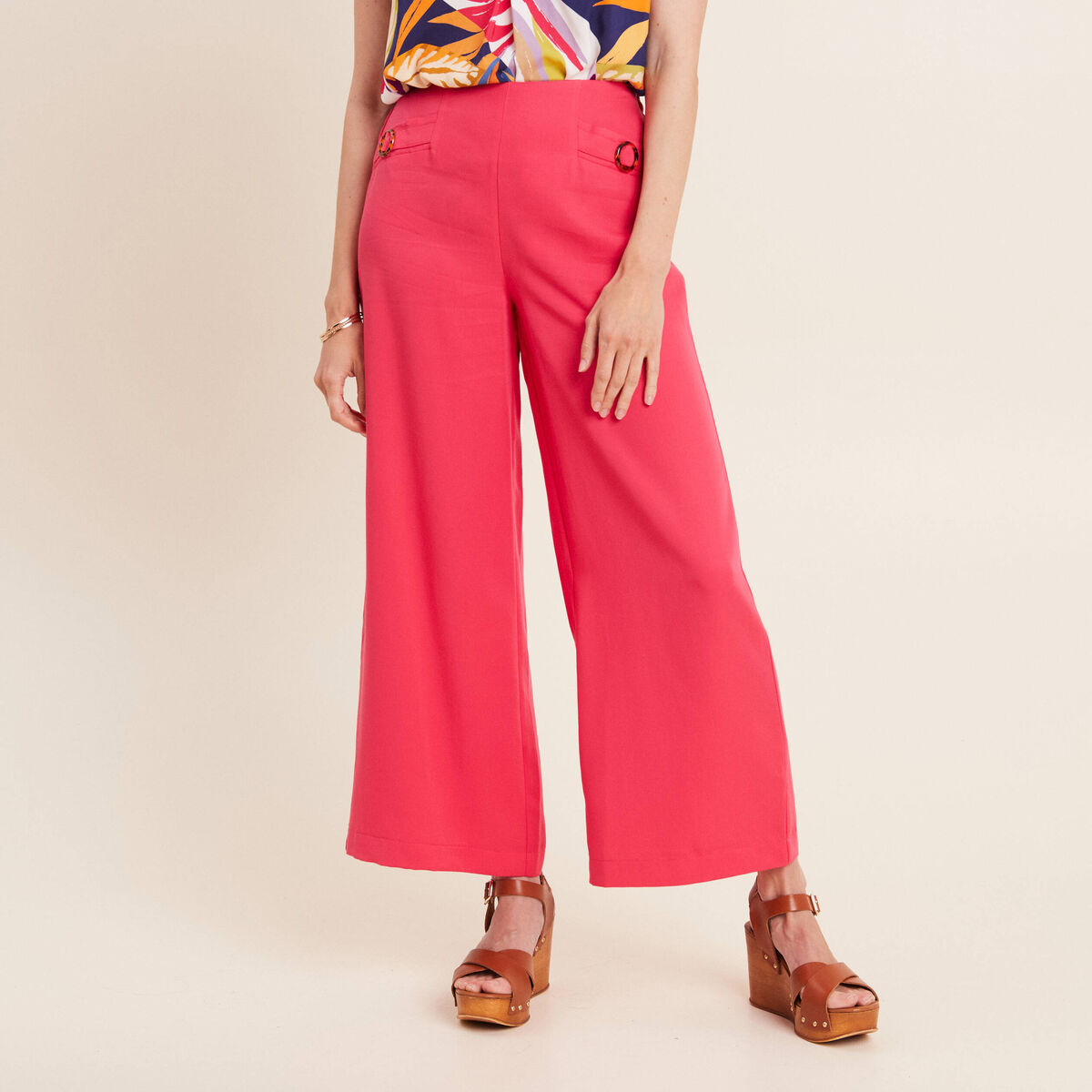 Pantalon large avec boucles rose framboise femme