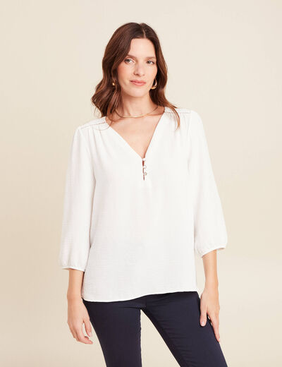 Blouse col v manches 3/4 fluide ecru femme