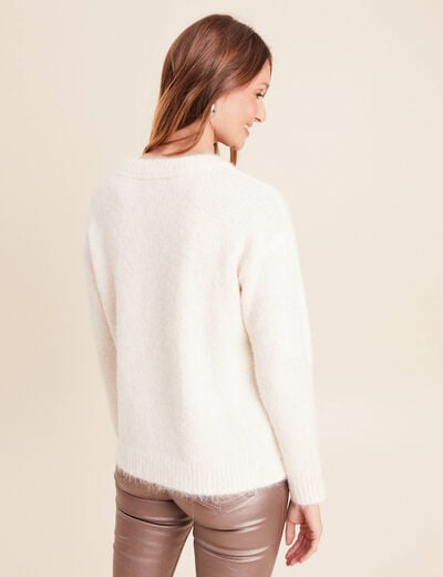 Pull col rond manches longues &agrave; sequins ecru femme