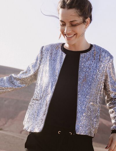 Veste zipp&eacute;e sequins gris argent femme
