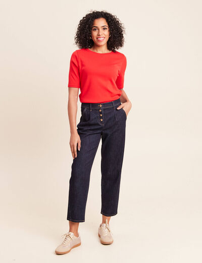 T-shirt ajust&eacute; col rond manches coudes rouge fluo femme