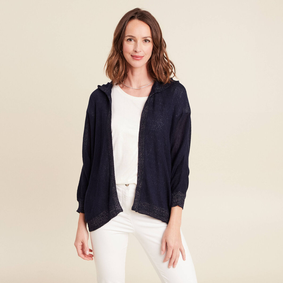 gilet droit mi-long à capuche bleu marine femme
