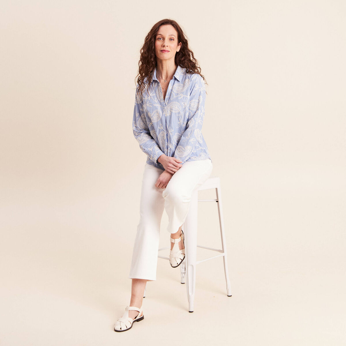 Jean coupe large 7/8&egrave;me taille haute blanc femme