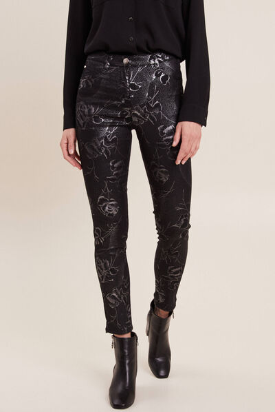 Pantalon ajusté enduit 7/8ème noir femme