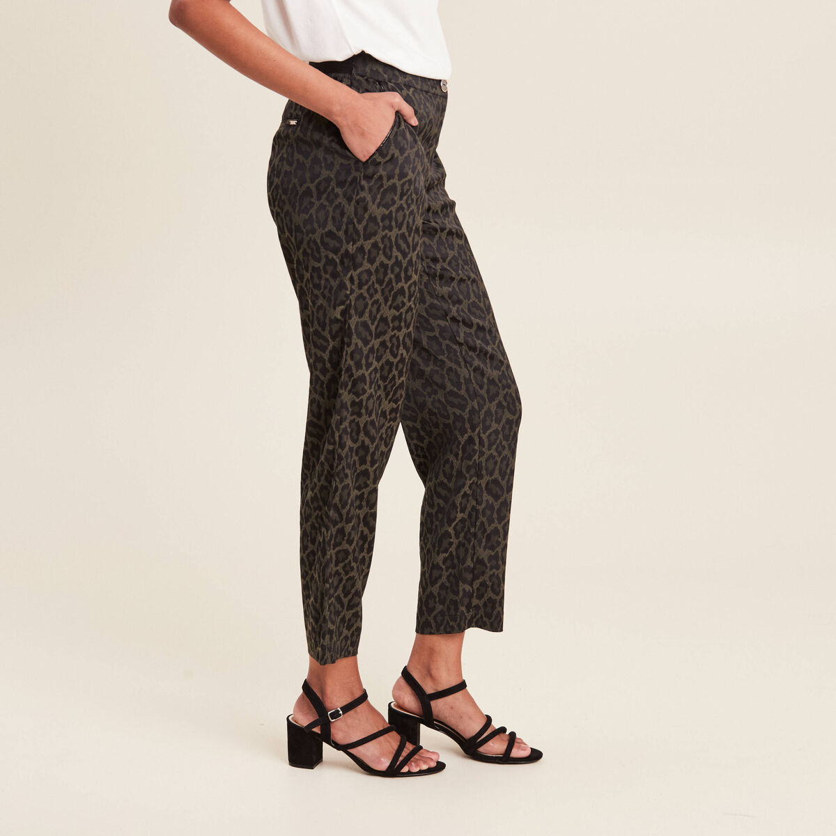 Pantalon flou taille bascul&eacute;e vert kaki femme
