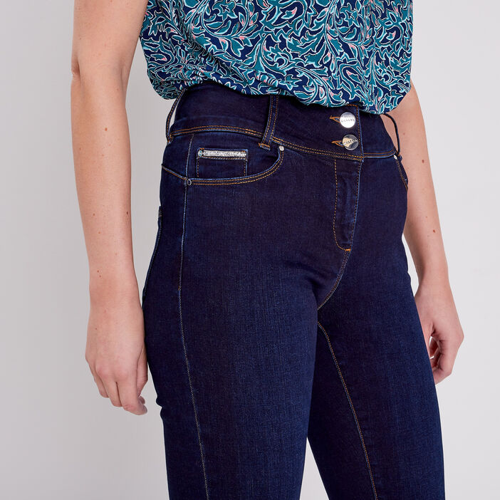 Jean ajusté à détails strass denim brut femme