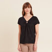 Top col V manches courtes noir femme