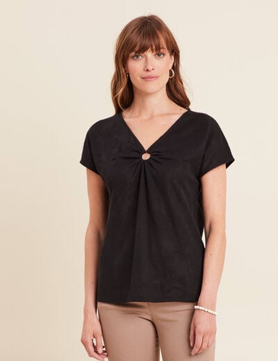 Top col V manches courtes noir femme
