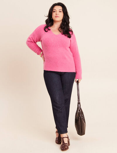 Pull col v manches longues rose fushia femme