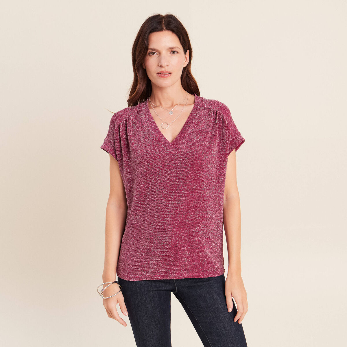 T-shirt manches courtes rouge fonc&eacute; femme