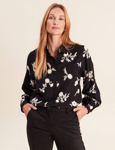 Chemise fluide brod&eacute;e manches longues noir femme