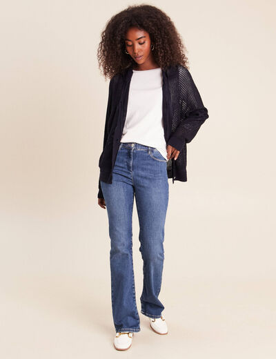 Gilet ajour&eacute; &agrave; capuche manches longues bleu marine femme