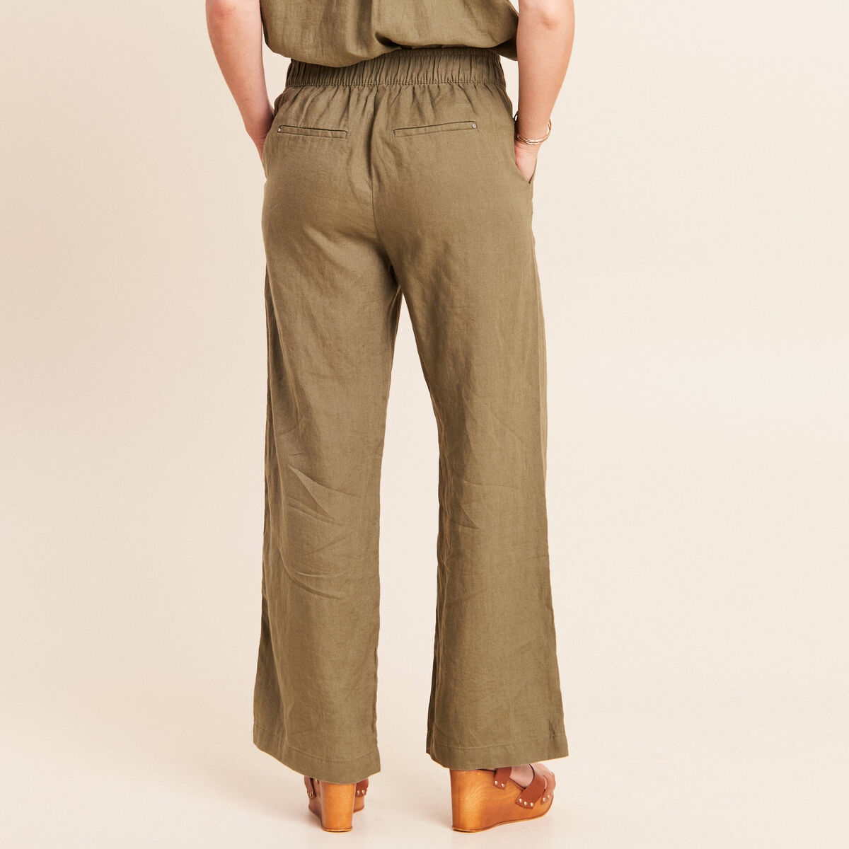 Pantalon large taille haute aspect lin vert kaki femme