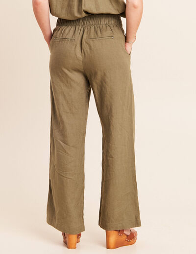 Pantalon large taille haute aspect lin vert kaki femme
