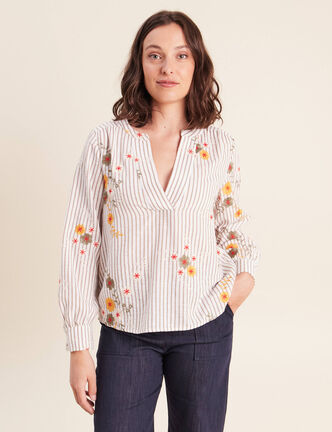 Blouse col v manches longues vert femme