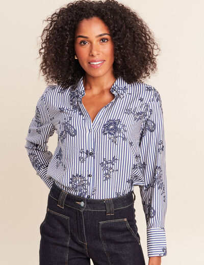 Chemise droite manches longues bleu fonc&eacute; femme
