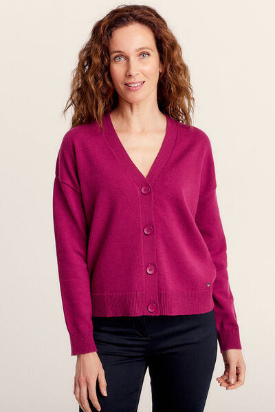 Gilet manches longues col en V rose fushia femme