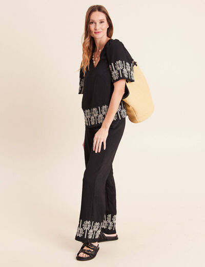 Pantalon large 7/8&egrave;me taille haute noir femme
