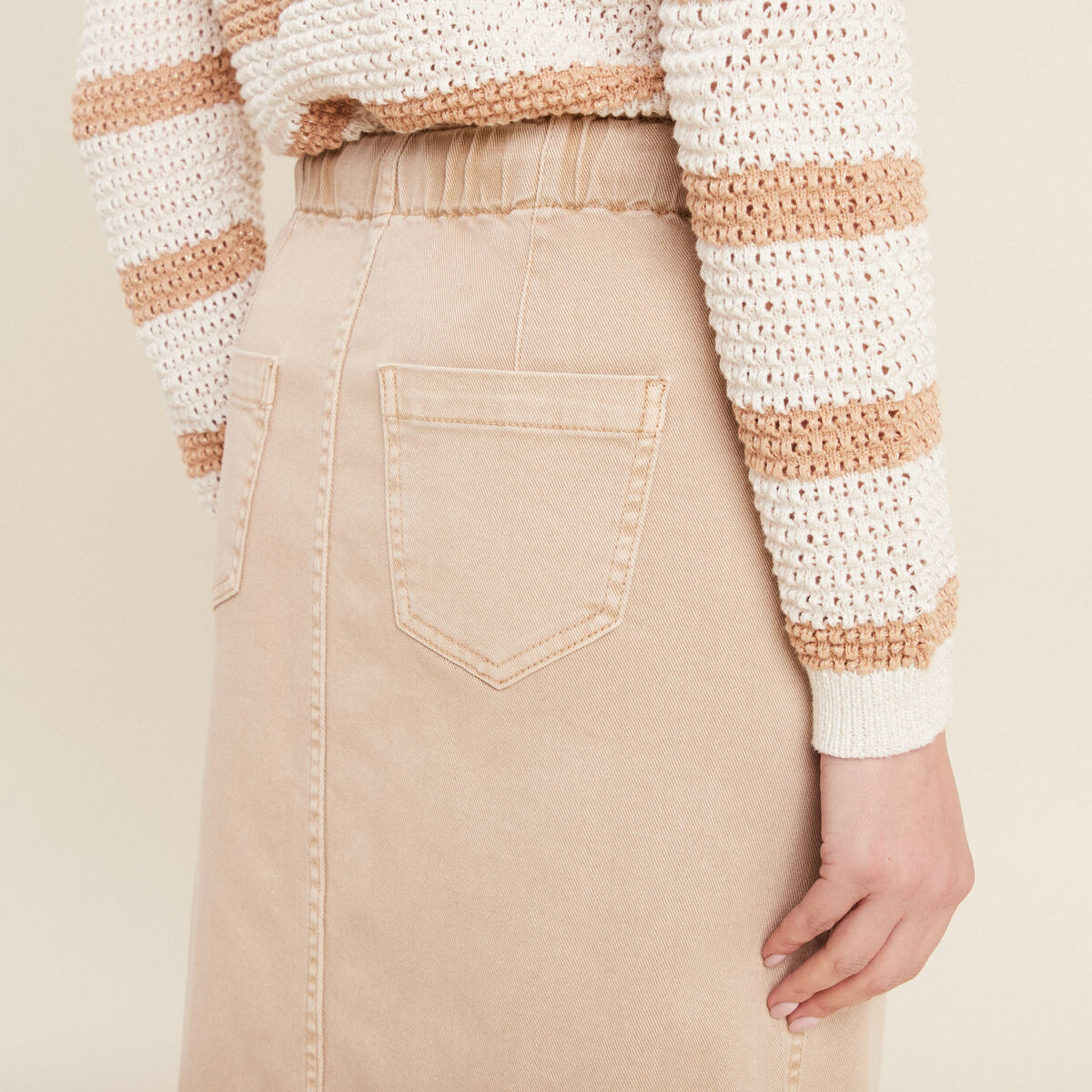 Jupe longue droite en jean denim beige femme