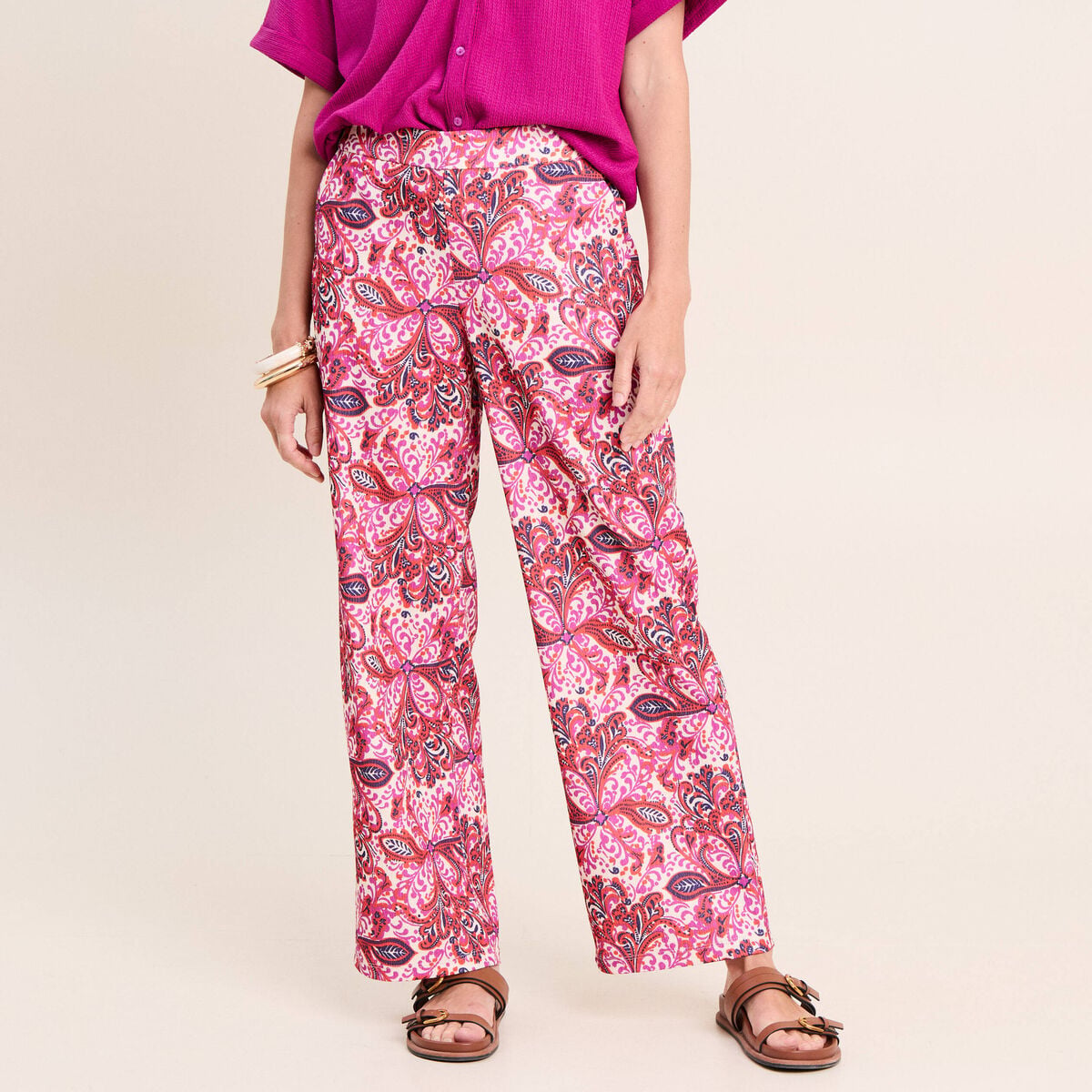 Pantalon large taille haute rose corail femme