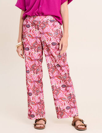 Pantalon large taille haute rose corail femme
