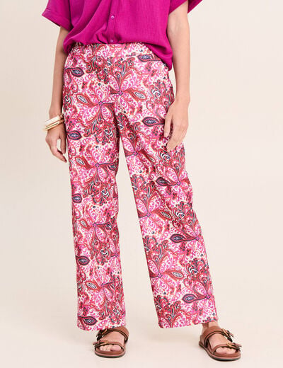 Pantalon large taille haute rose corail femme