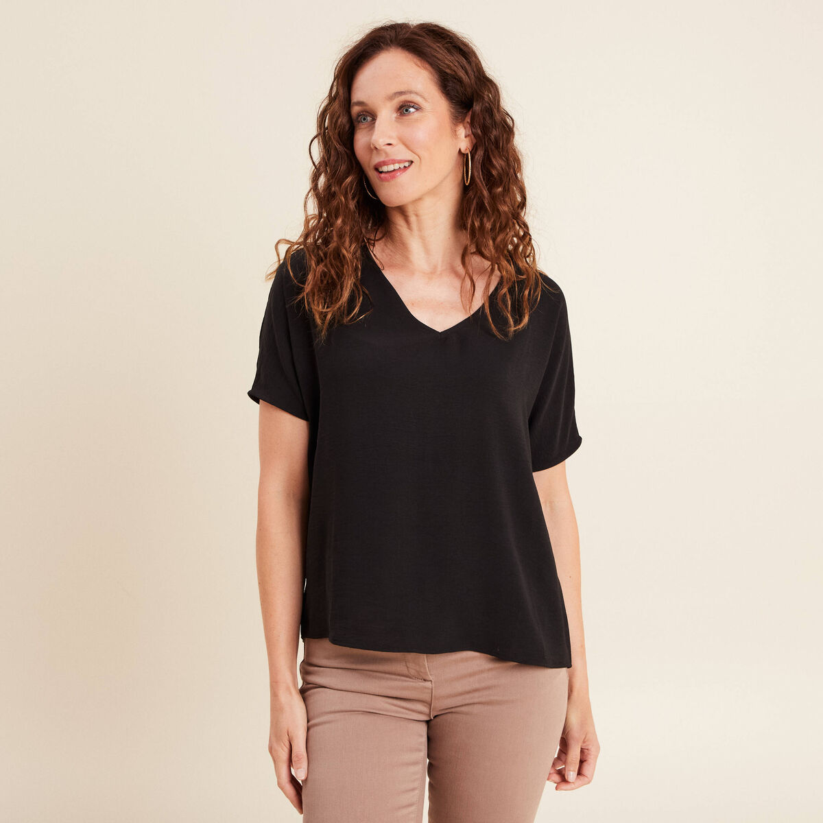 Blouse fluide manches 3/4 noir femme