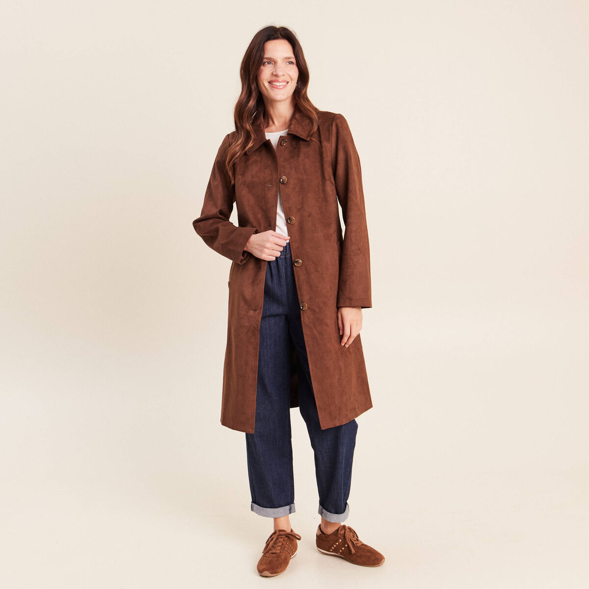 Trench cintr&eacute; long aspect daim marron femme