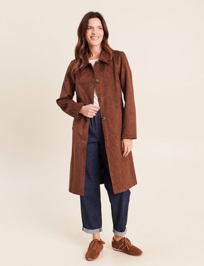 Trench cintr&eacute; long aspect daim marron femme