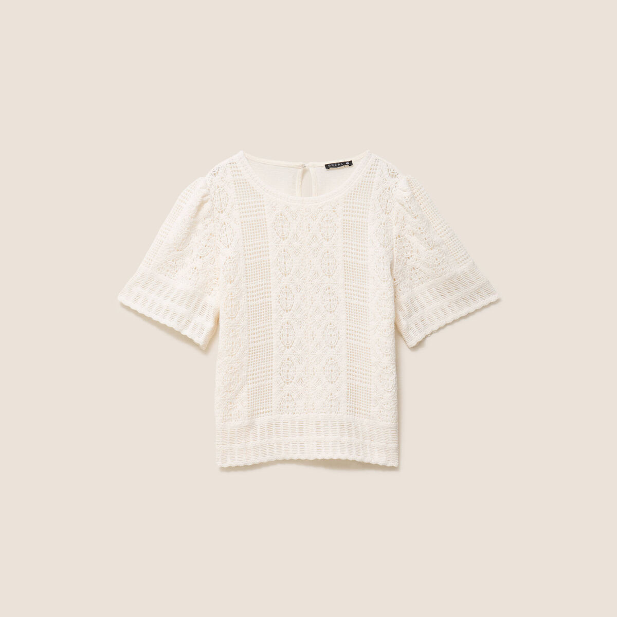 T-shirt col rond &agrave; dentelle ecru femme