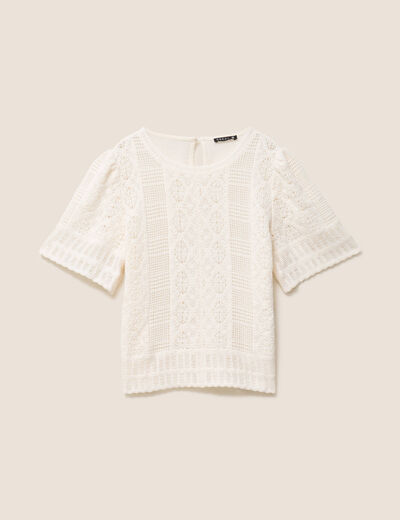 T-shirt col rond &agrave; dentelle ecru femme