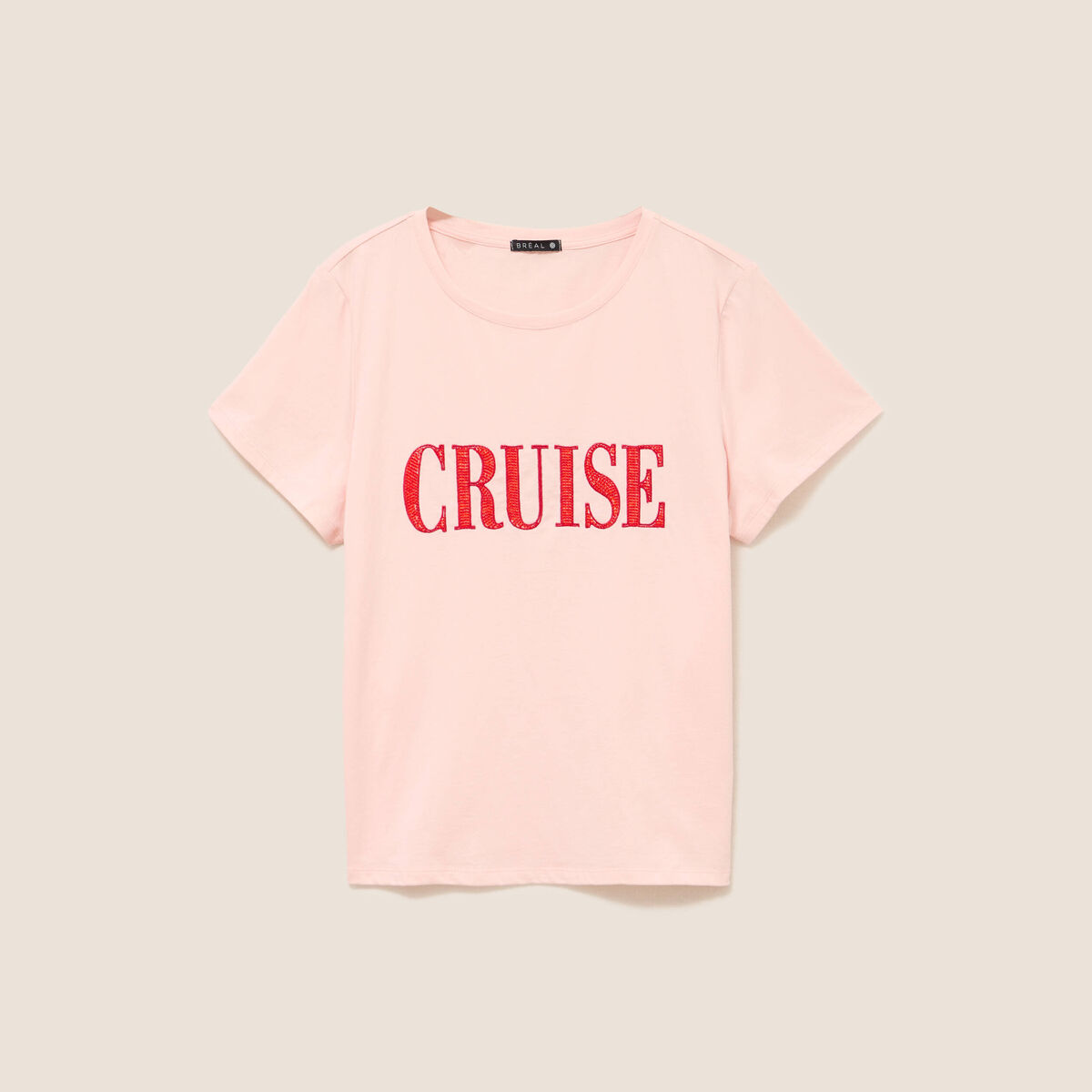 T-shirt col rond manches courtes rose poudr&eacute;e femme