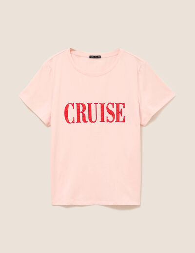 T-shirt col rond manches courtes rose poudr&eacute;e femme