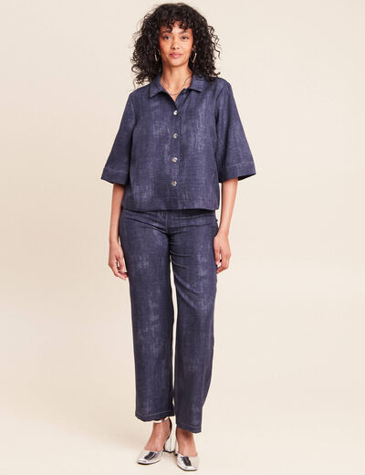 Chemise col chemise manches 3/4 bleu femme