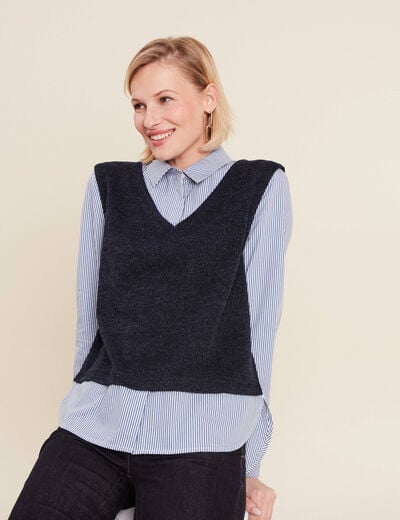 Pull effet 2-en-1 chemise bleu foncé femme