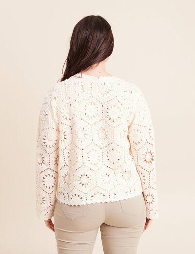 Gilet manches longues aspect dentelle ecru femme