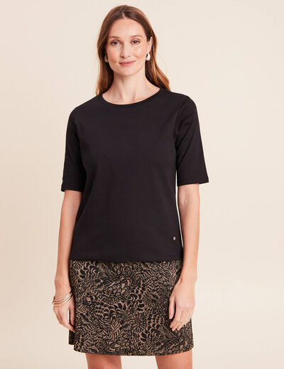 T-shirt ajust&eacute; col rond manches coudes noir femme