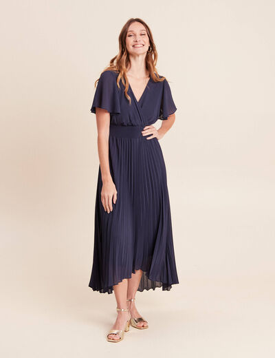 Robe longue &eacute;vas&eacute;e col v manches courtes bleu marine femme