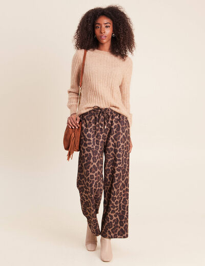Pantalon droit 7/8&egrave;me taille haute daim marron femme