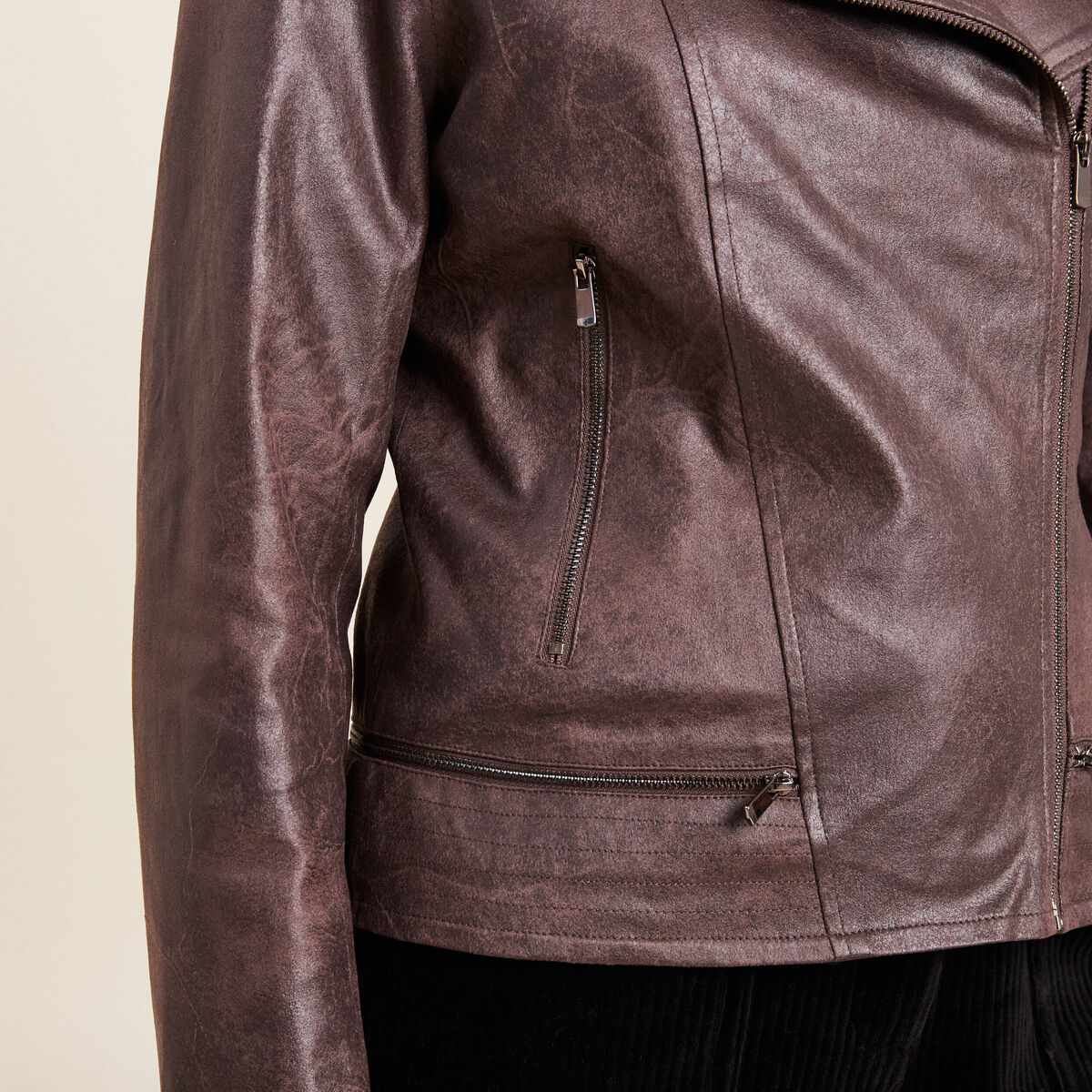 Veste esprit motard zippée marron foncé femme