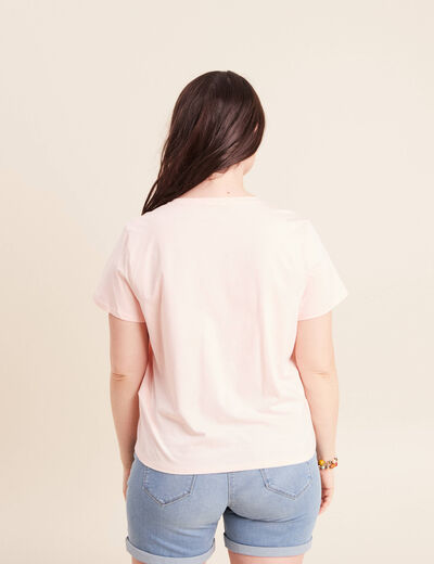 T-shirt col rond manches courtes rose poudr&eacute;e femme