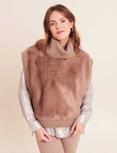 Pull sans manches col roul&eacute; marron femme