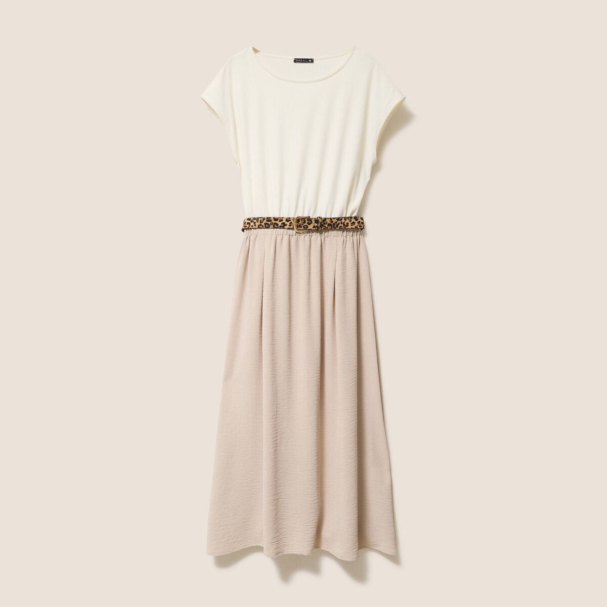 Robe longue évasée bi-matière ecru femme