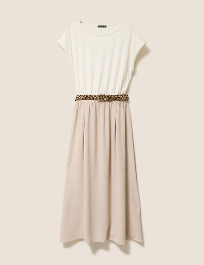 Robe longue évasée bi-matière ecru femme
