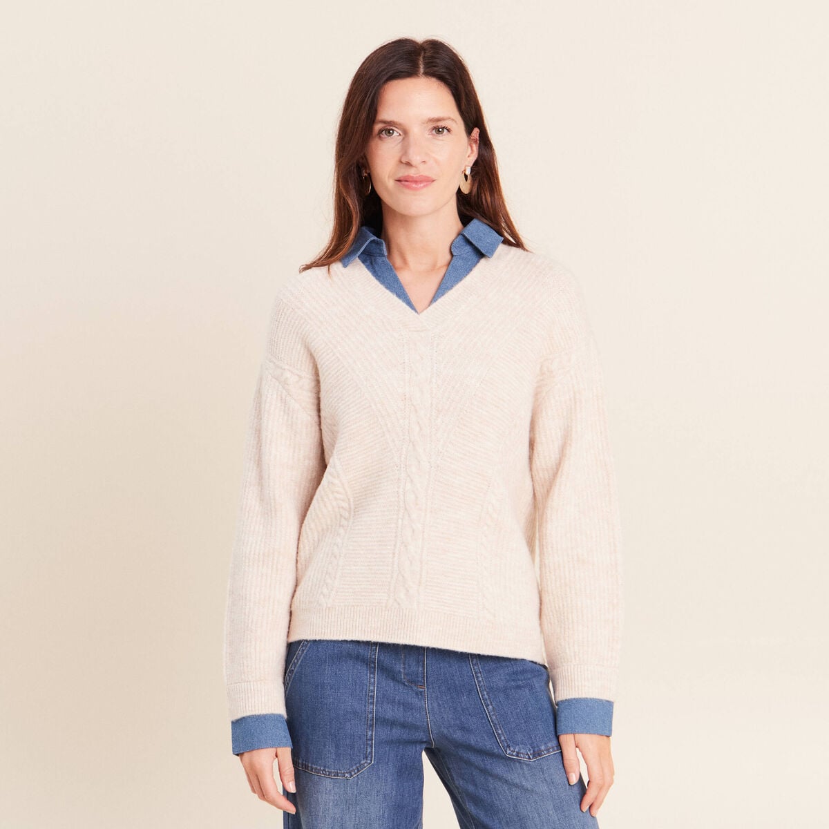Pull bi-mati&egrave;re col chemise ecru femme