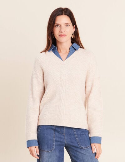 Pull bi-mati&egrave;re col chemise ecru femme