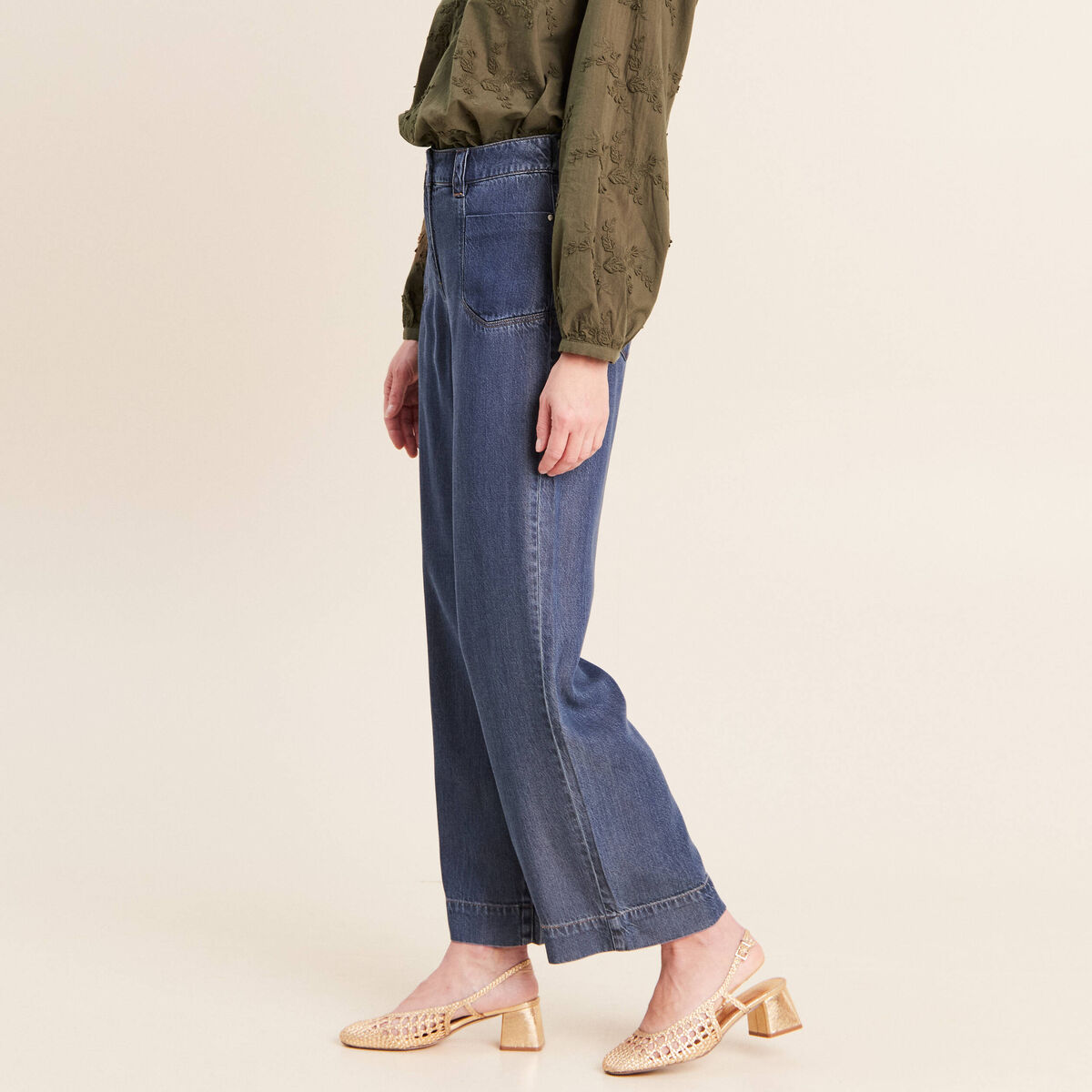 Jean large 7/8&egrave;me denim double stone femme